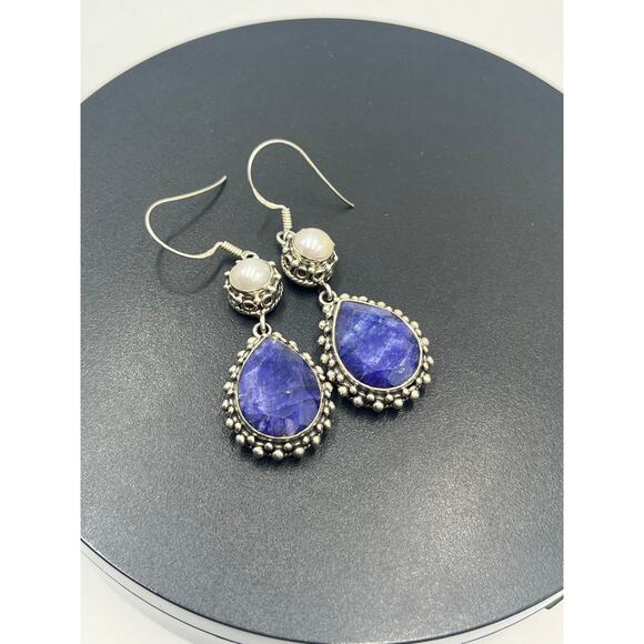 India 925 sterling Faceted Lapis Lazuli White Fresh Water Pearl Cabochon Earring - Picture 11 of 16